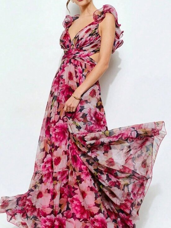 Dresses & Skirts - Hot Pink Elegant Women's Fairycore Floral Maxi Dress Ruched Waist